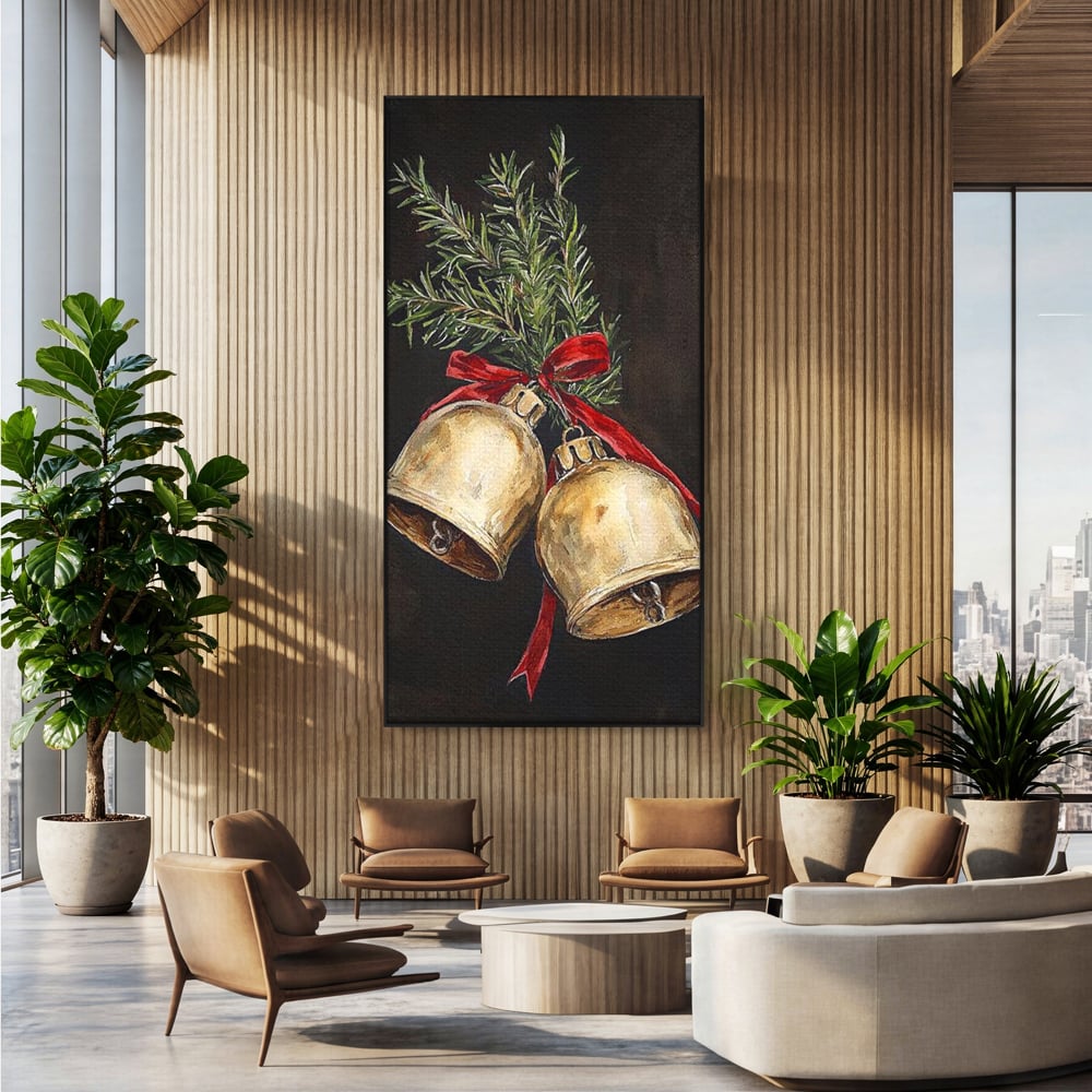 Tablou canvas cu tablou canvas cu clopotei de craciun, in rama de aluminiu negru, pe perete intr-un birou